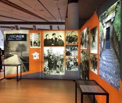 Impression grand format sur tissu rétroéclairé. Montage de plusieurs photo de l'époque de la découverte de la grotte de Lascaux