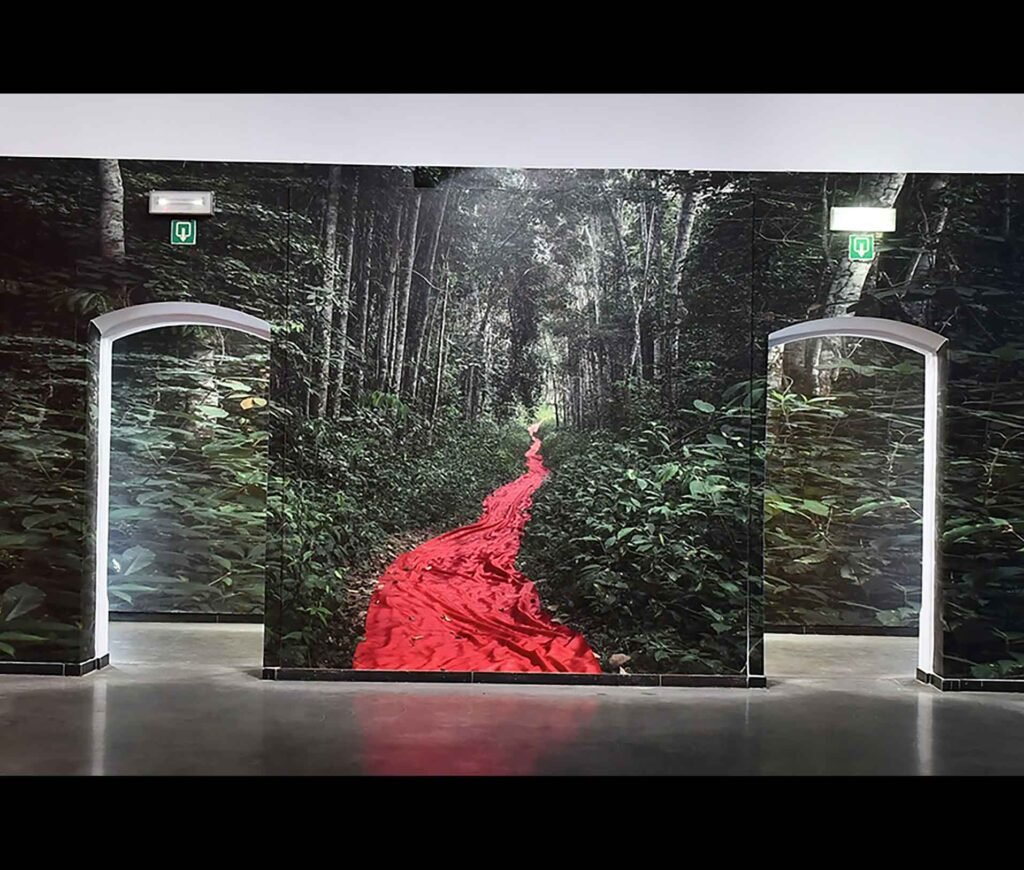 Mur imprimé en grand format sur papier Blueback montrant une forêt dense avec un tapis rouge s’étendant au centre, installé dans une exposition.