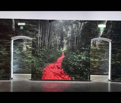 Mur imprimé en grand format sur papier Blueback montrant une forêt dense avec un tapis rouge s’étendant au centre, installé dans une exposition.