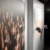 Mur courbe d’exposition avec une toile murale montrant une image puissante d’évolution humaine, accompagnée de crânes exposés et d’un panneau pédagogique.