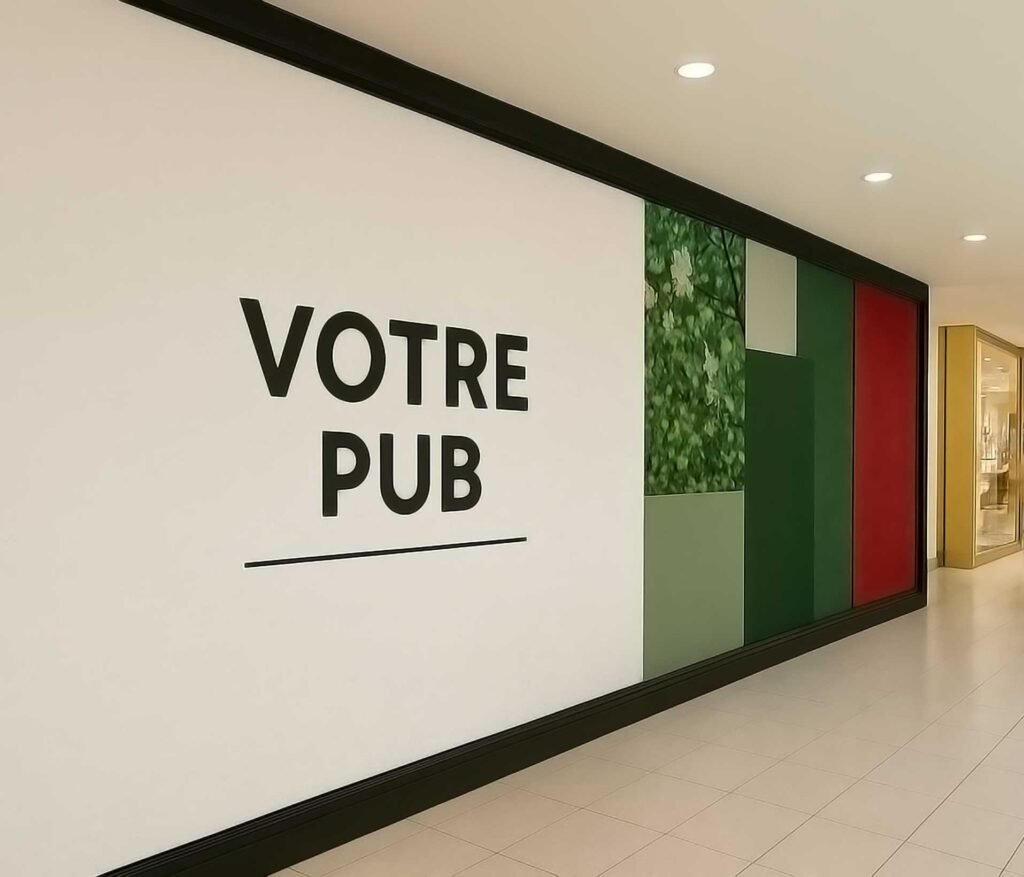 Papier peint autocollant sur cloison dans un centre commercial texte noir "Votre Pub" sur fond blanc