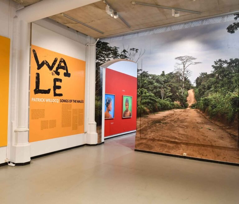 Mur imprimé en grand format sur papier Blueback montrant un chemin de terre au centre d'une forêt dense, installé dans une exposition photo.